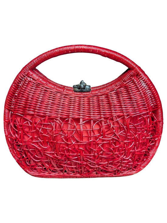 Handbags - Vintage Red Wicker Purse Top Handle Handbag | Boho Western | Retro Statement Bag